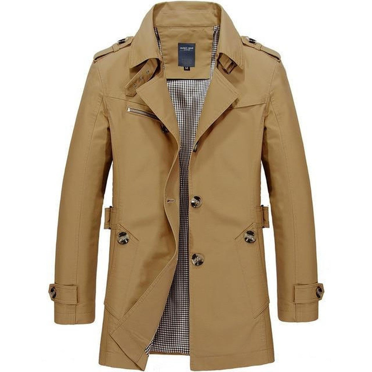 Double Breasted Long Trench Coat with Waist Belt and Lapel Collar