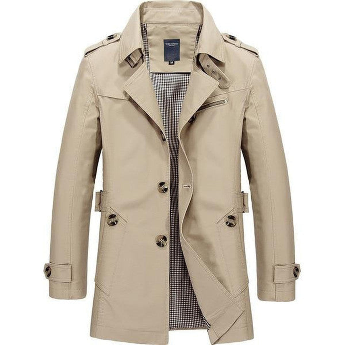 Double Breasted Long Trench Coat with Waist Belt and Lapel Collar