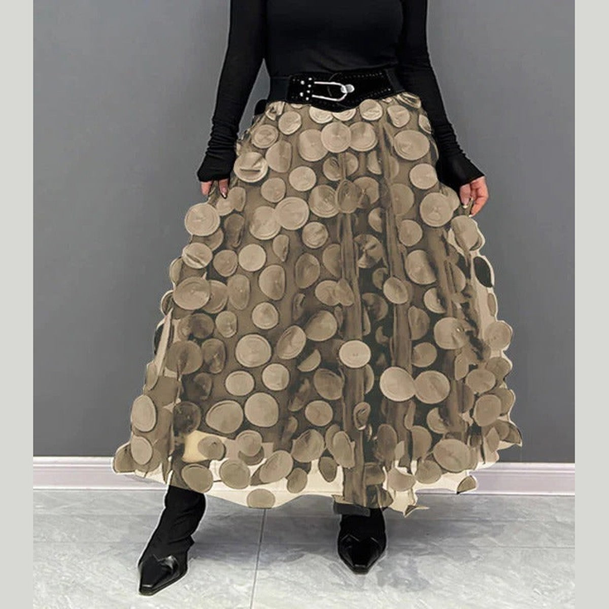 High Waist a Line Midi Skirt with Layered Polka Dot Mesh Tulle