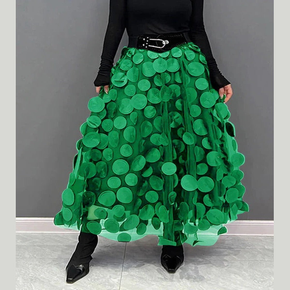 High Waist a Line Midi Skirt with Layered Polka Dot Mesh Tulle