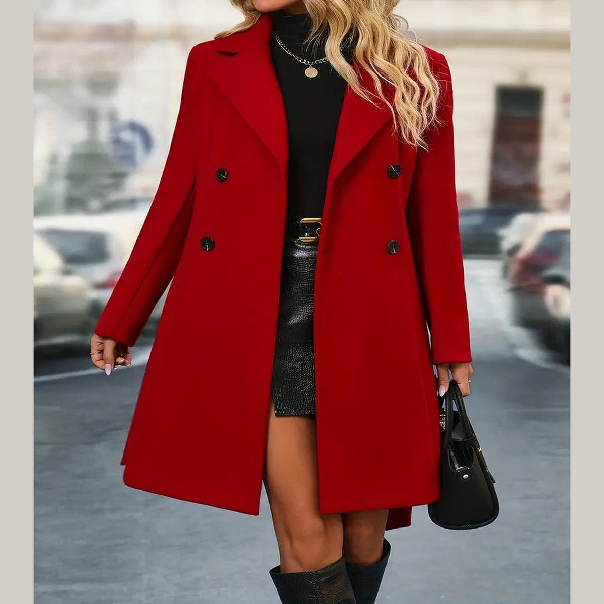 Women Double Breasted Mid Length Trench Coat with Waist Belt and Notched Lapels