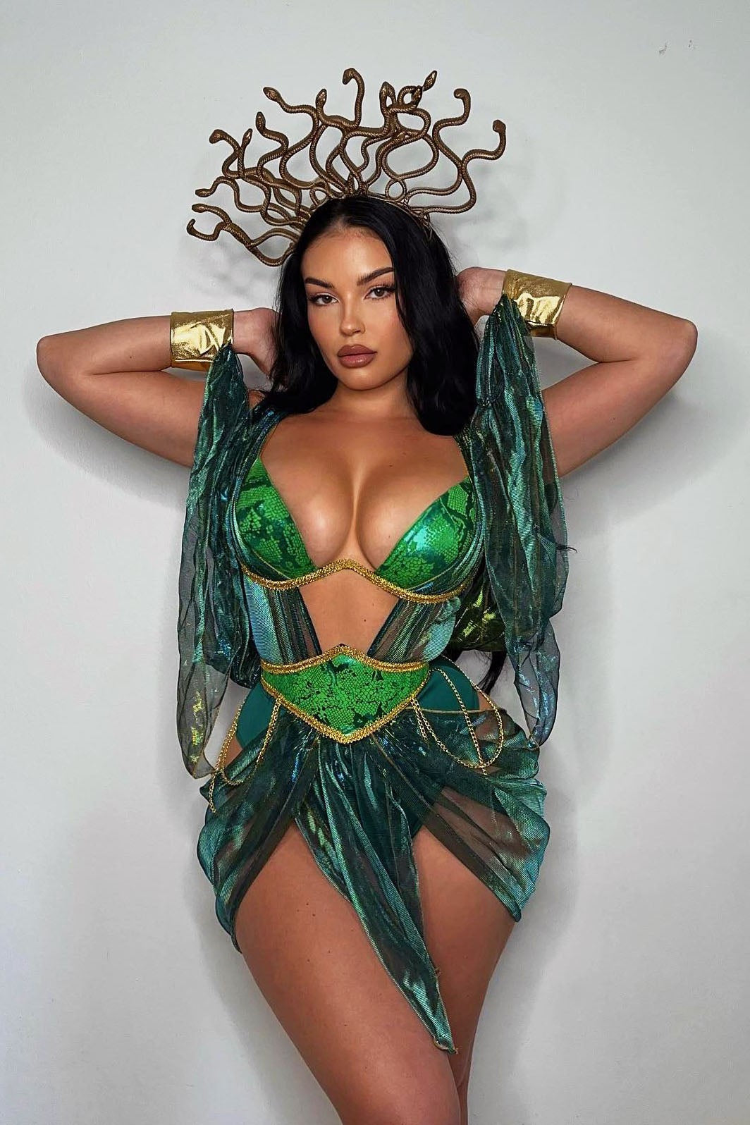 Mythological Snake Goddess Halloween Costume with Metallic Scale Print and Serpent Headpiece
