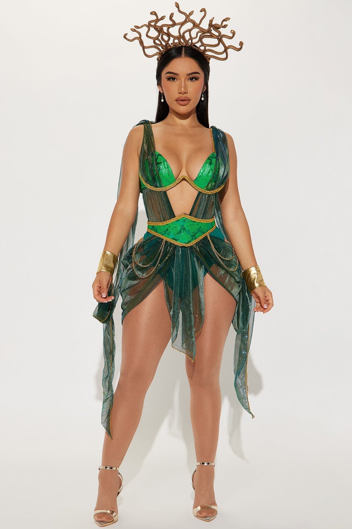 Mythological Snake Goddess Halloween Costume with Metallic Scale Print and Serpent Headpiece