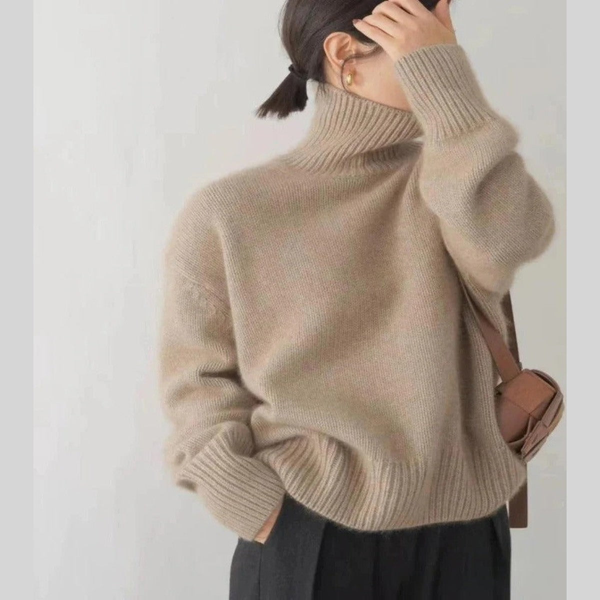 Chunky Knit High Neck Sweater with Long Sleeves and Ribbed Texture