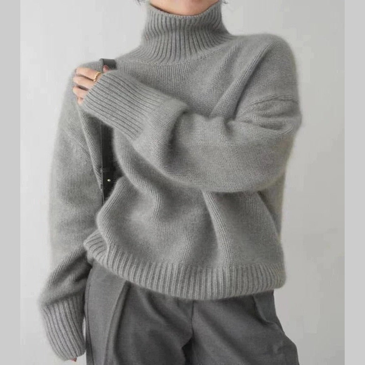 Chunky Knit High Neck Sweater with Long Sleeves and Ribbed Texture