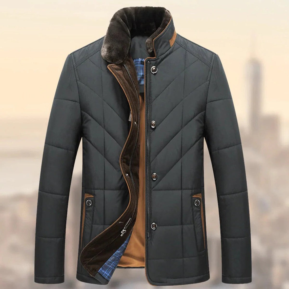 Mens Long Wool Blend Overcoat with Notched Collar and Button Closure