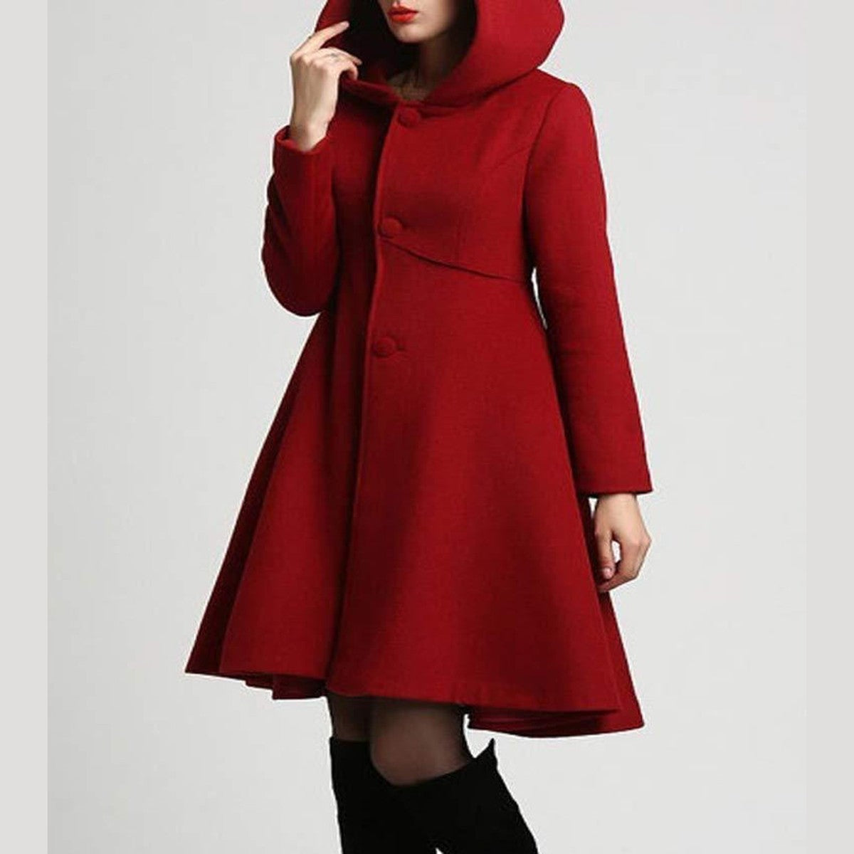 Women Vintage Flared Pea Coat with Turn Down Collar and Long Sleeves