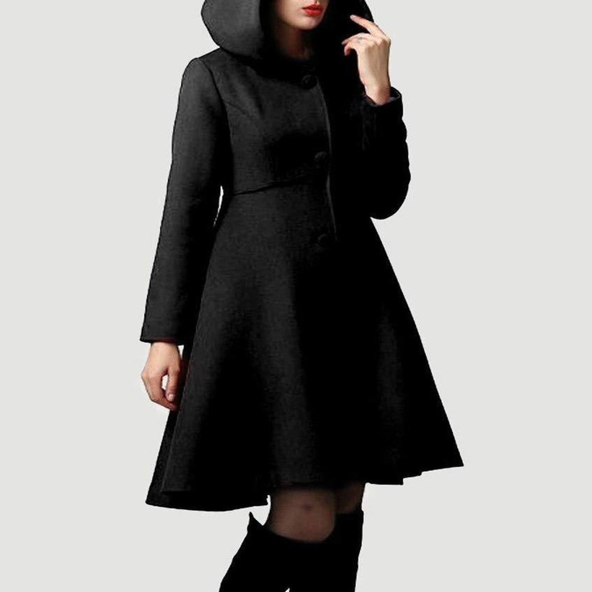 Women Vintage Flared Pea Coat with Turn Down Collar and Long Sleeves