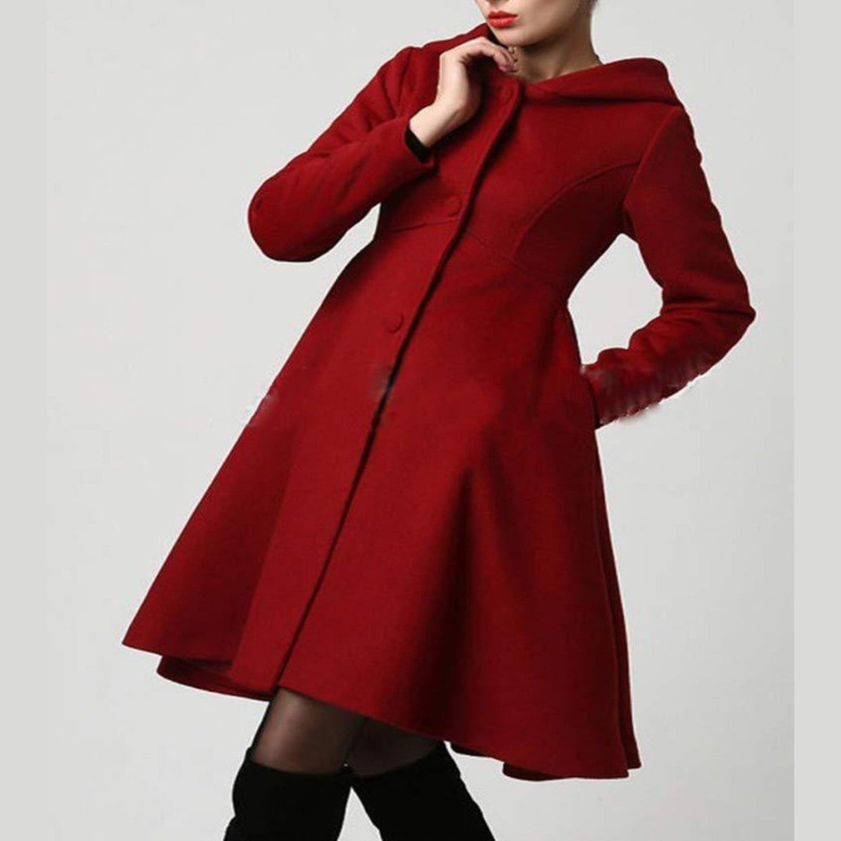 Women Vintage Flared Pea Coat with Turn Down Collar and Long Sleeves