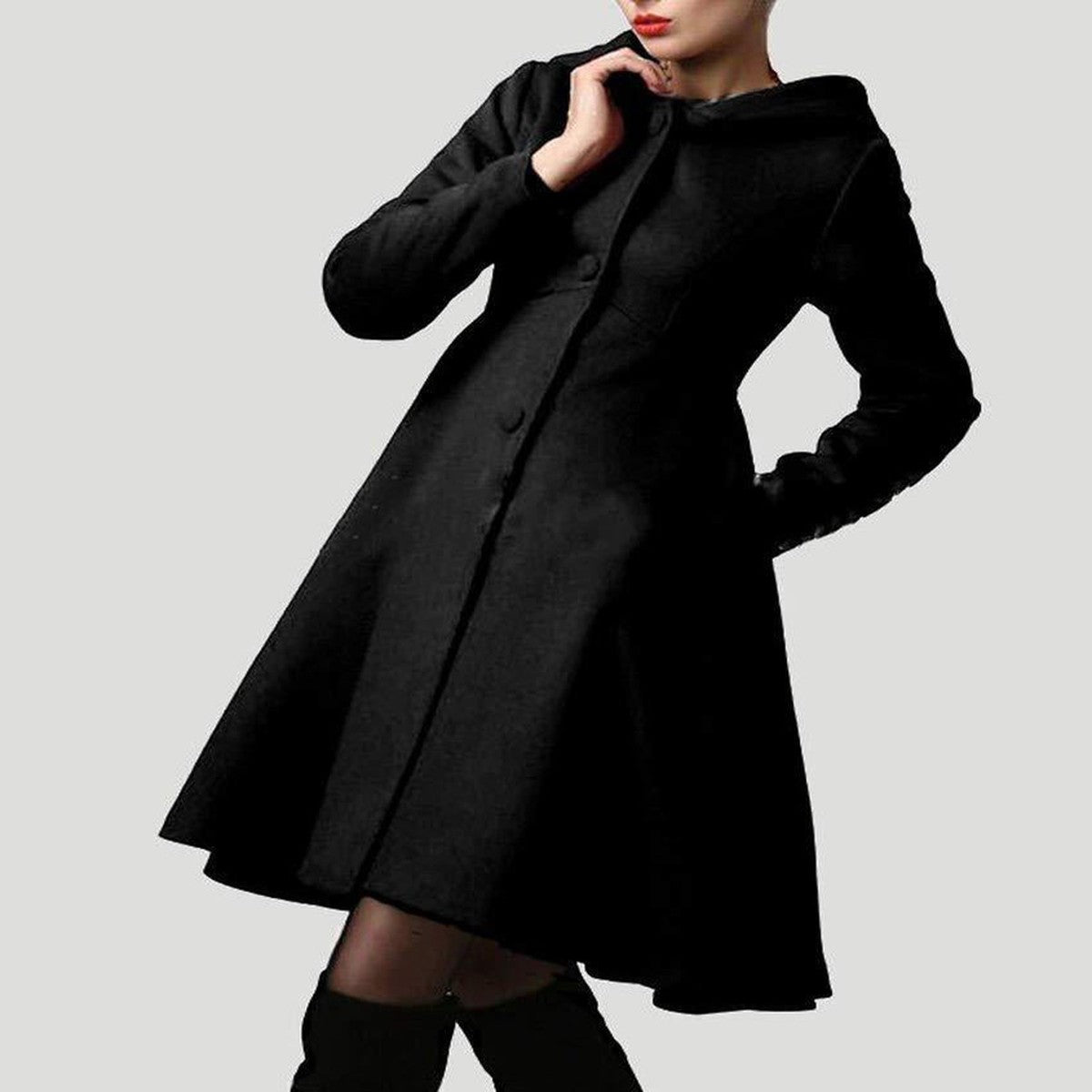 Women Vintage Flared Pea Coat with Turn Down Collar and Long Sleeves