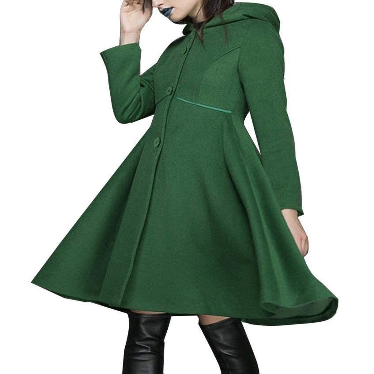 Women Vintage Flared Pea Coat with Turn Down Collar and Long Sleeves