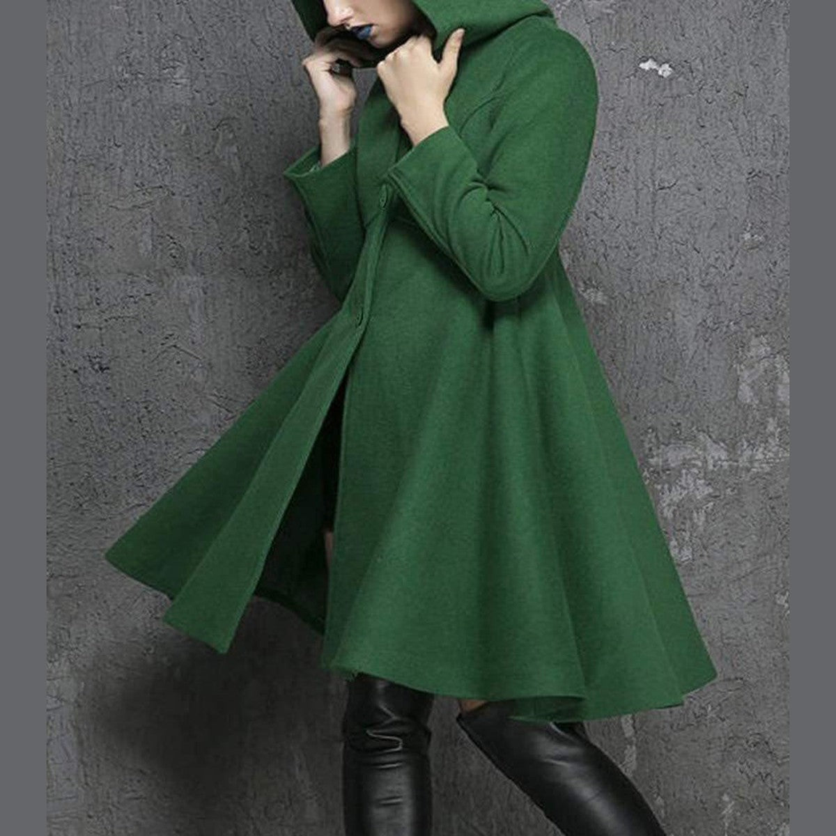 Women Vintage Flared Pea Coat with Turn Down Collar and Long Sleeves