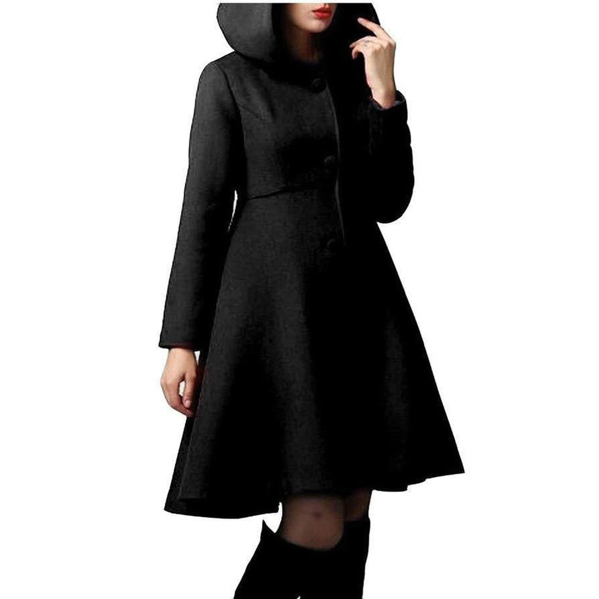 Women Vintage Flared Pea Coat with Turn Down Collar and Long Sleeves