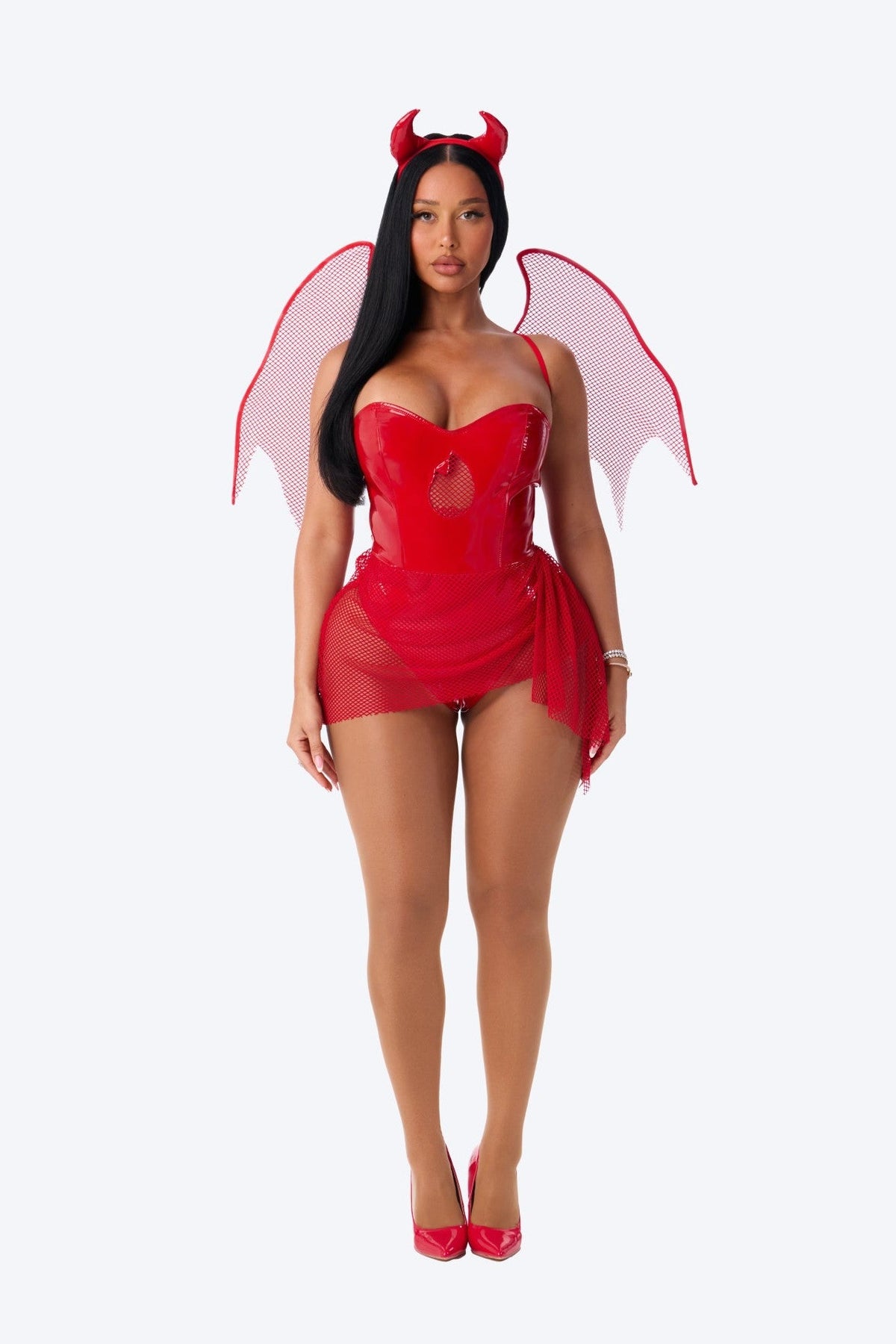 Shiny Red Devil Halloween Costume with Horn Headband and Metallic Skirt Set