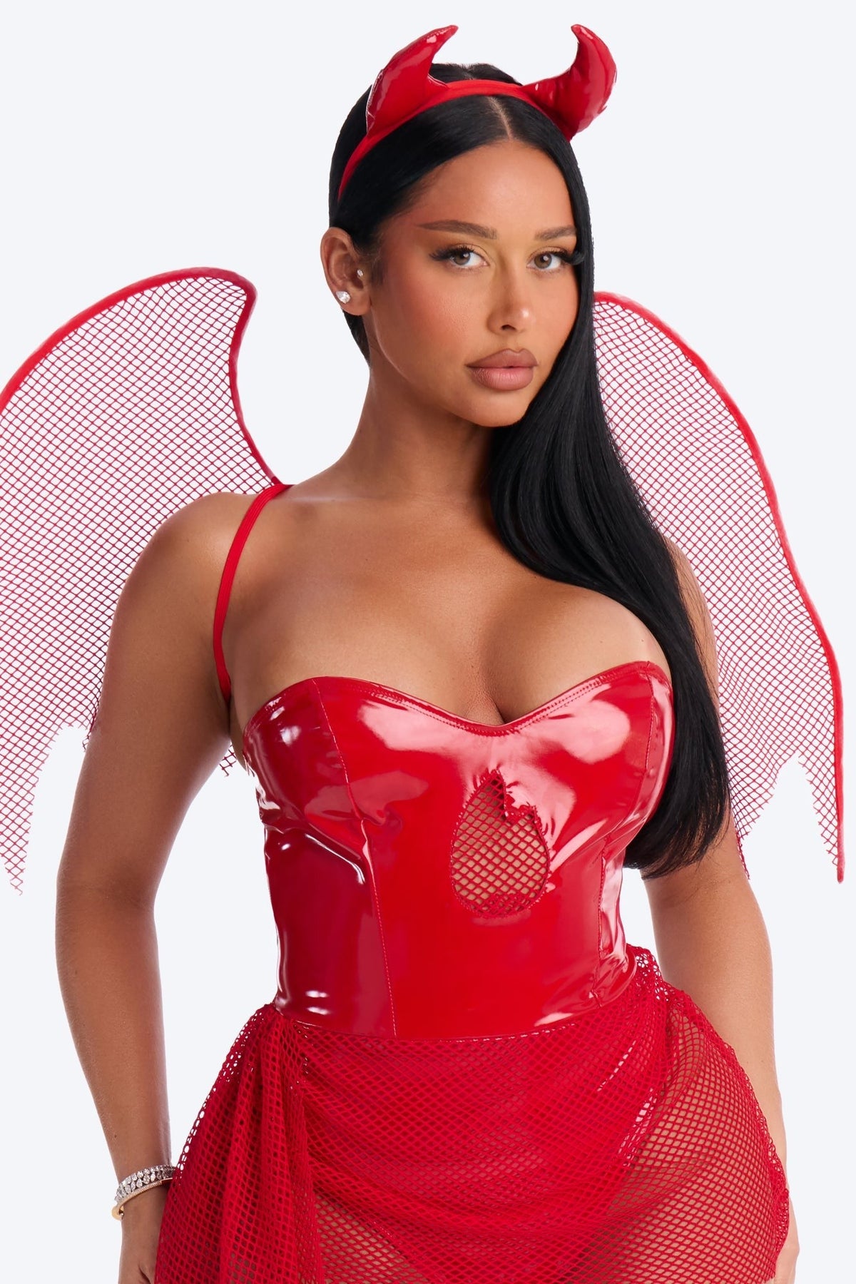 Shiny Red Devil Halloween Costume with Horn Headband and Metallic Skirt Set