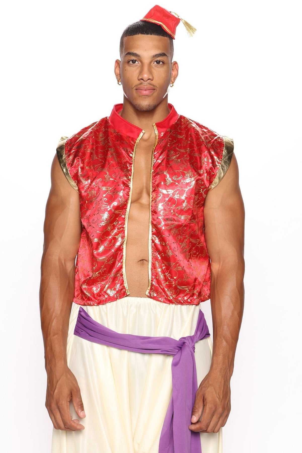 Men's Three Piece Red Costume Set with Decorative Trim and Embellishments