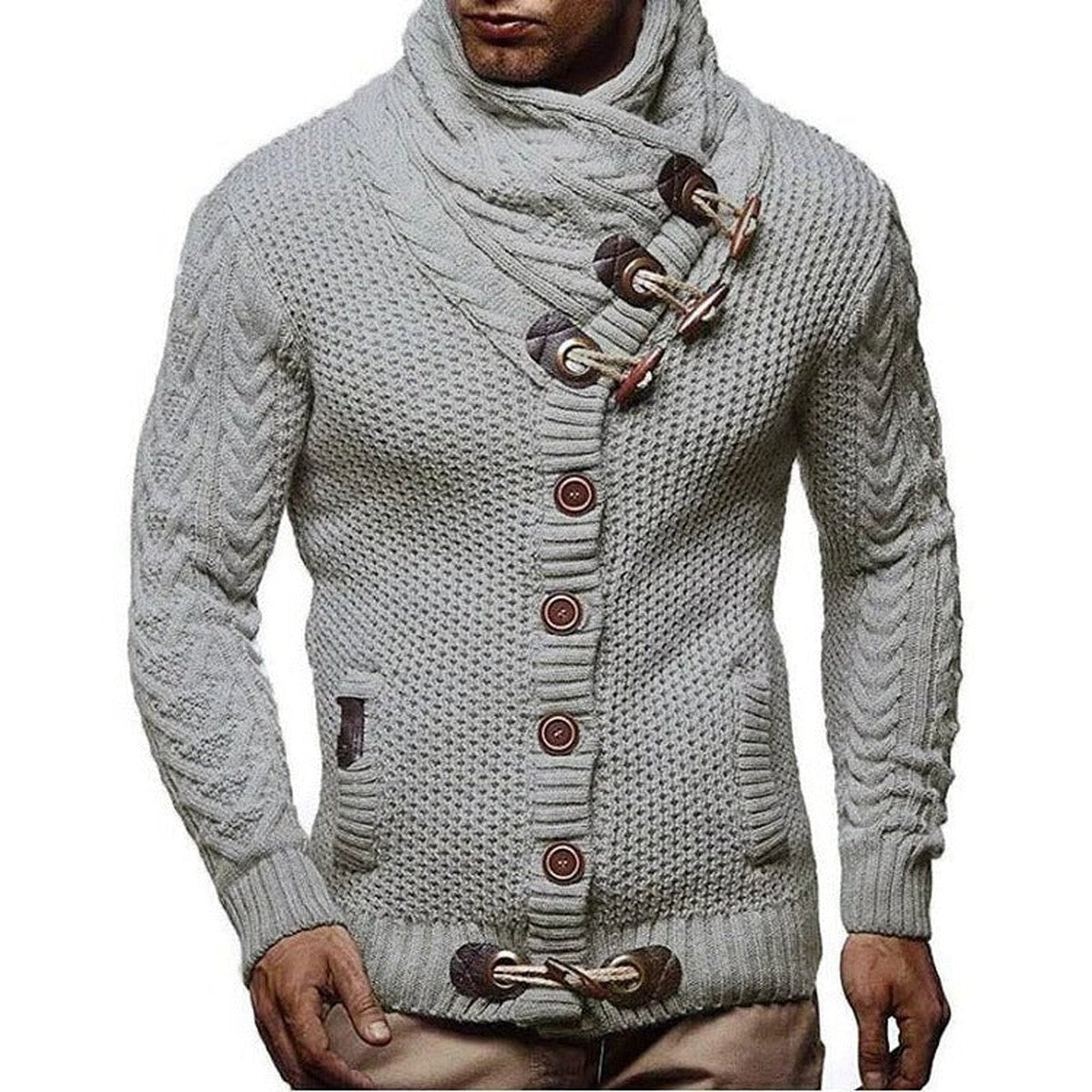 Chunky Knit Hooded Cardigan Coat with Horn Toggle Buttons and Front Pockets