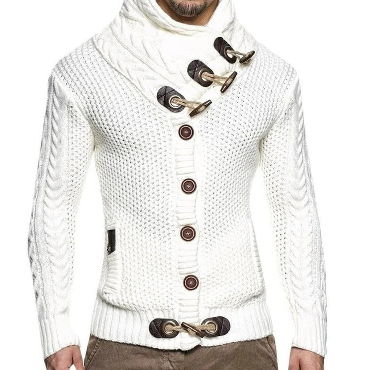 Chunky Knit Hooded Cardigan Coat with Horn Toggle Buttons and Front Pockets