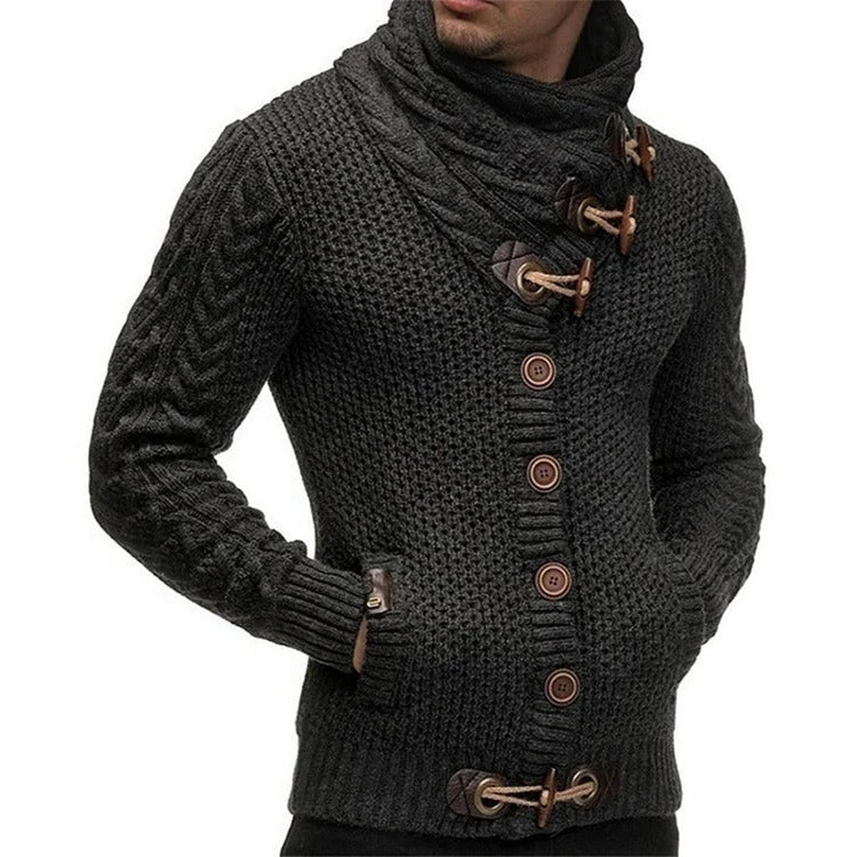 Chunky Knit Hooded Cardigan Coat with Horn Toggle Buttons and Front Pockets