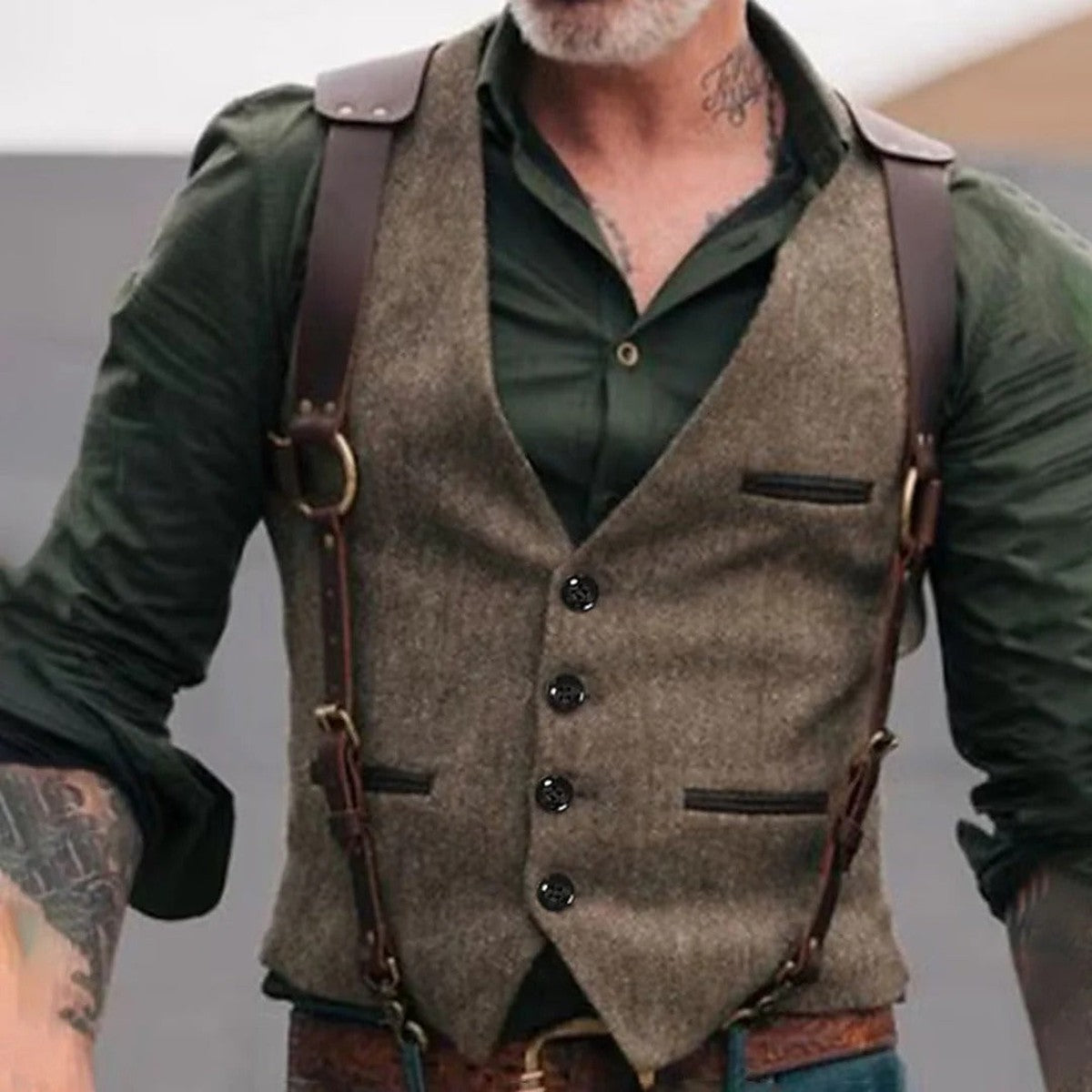 Men Vintage Tweed Suit Vest with Button Front and Pockets