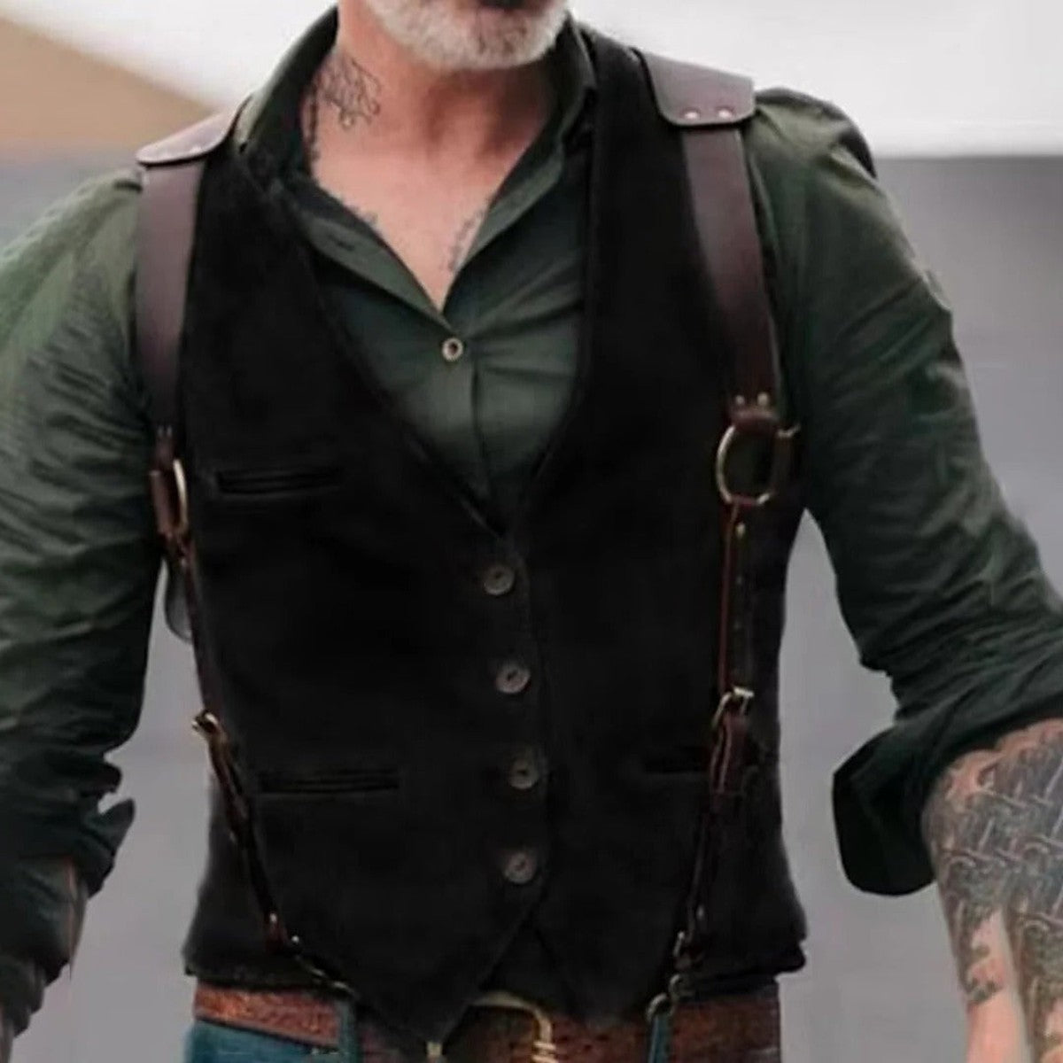 Men Vintage Tweed Suit Vest with Button Front and Pockets