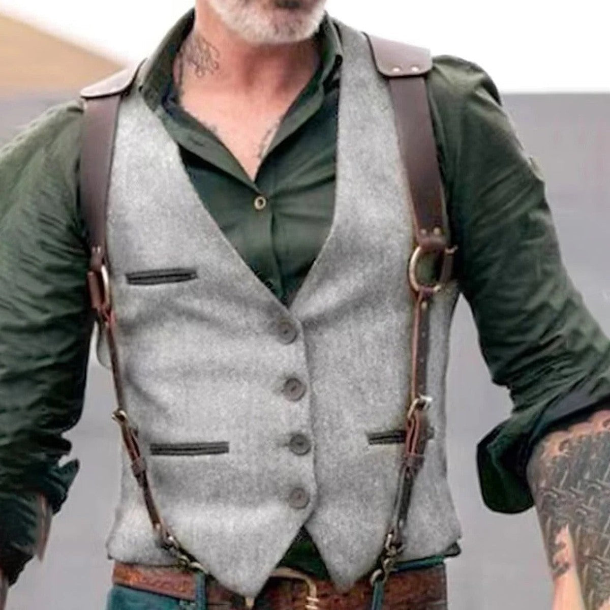 Men Vintage Tweed Suit Vest with Button Front and Pockets