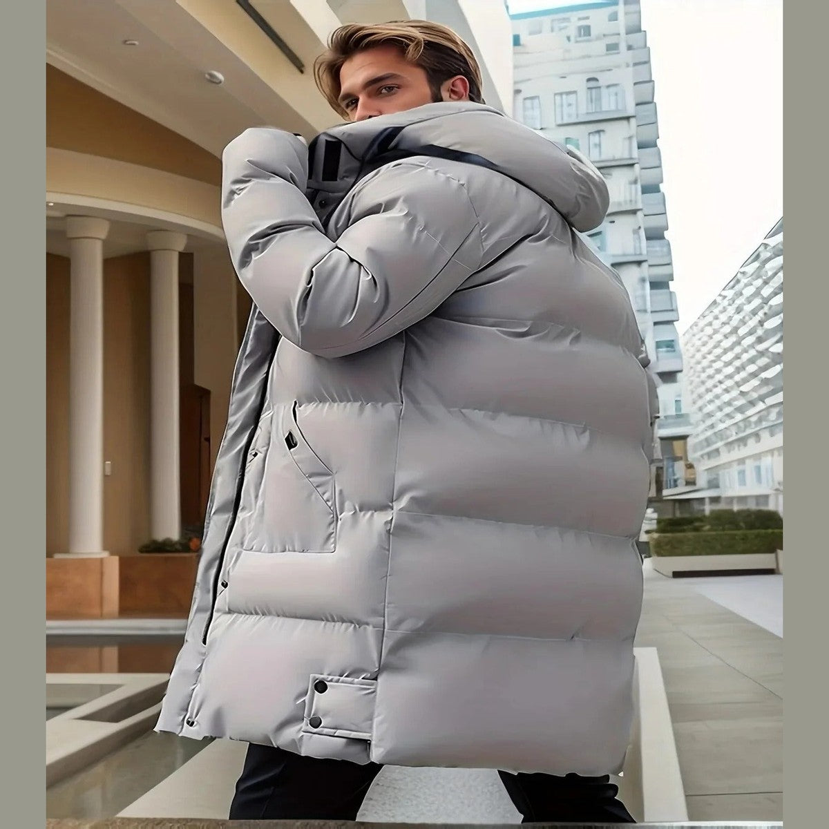 Men Padded Waterproof Parka Coat with Quilted Lining and Hood