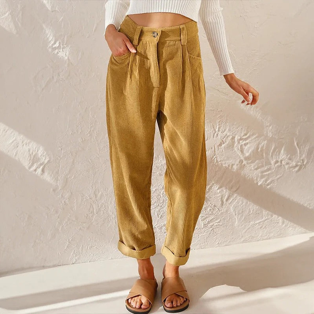 Women Loose Fit Corduroy Trousers with Elastic Drawstring Waist and Pockets