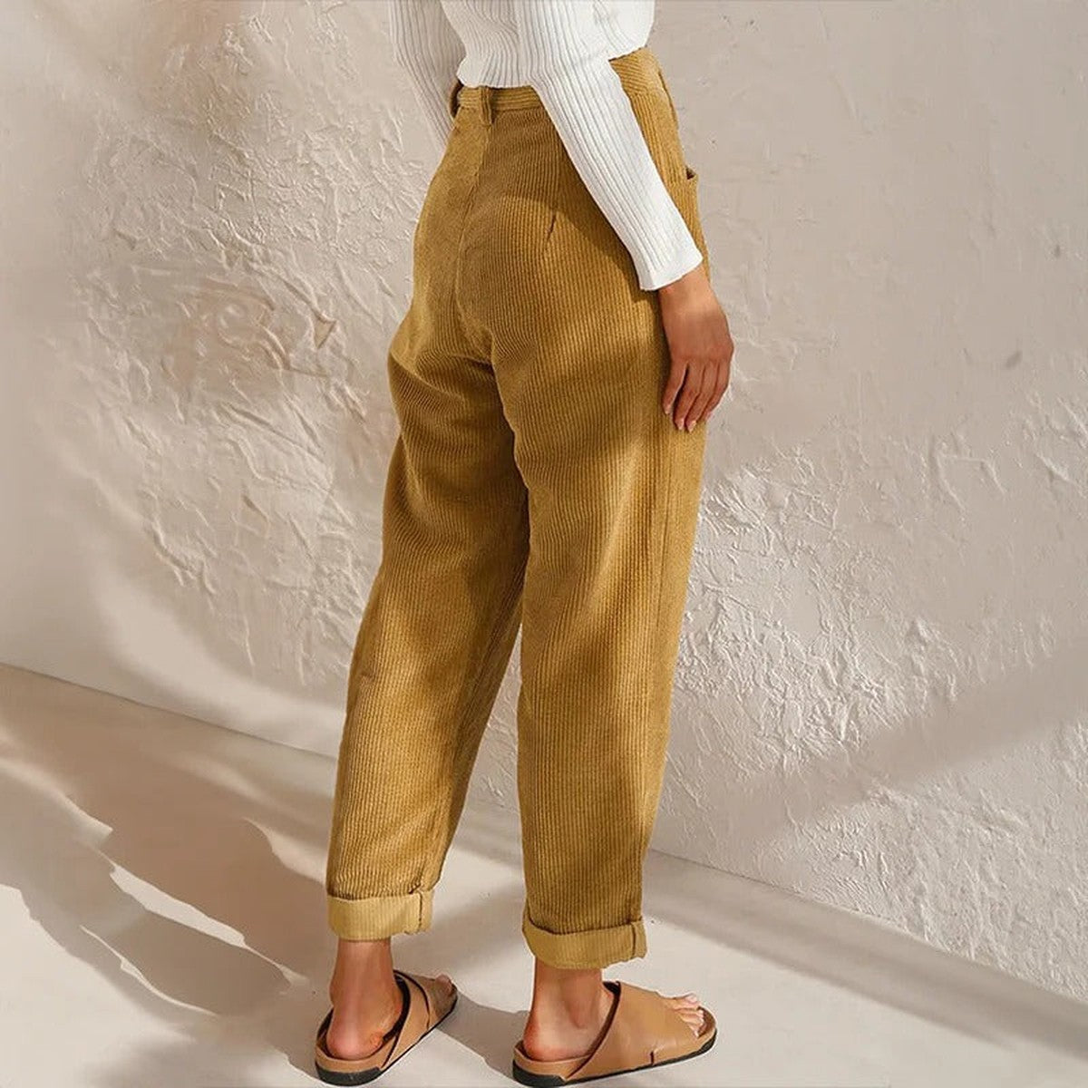 Women Loose Fit Corduroy Trousers with Elastic Drawstring Waist and Pockets