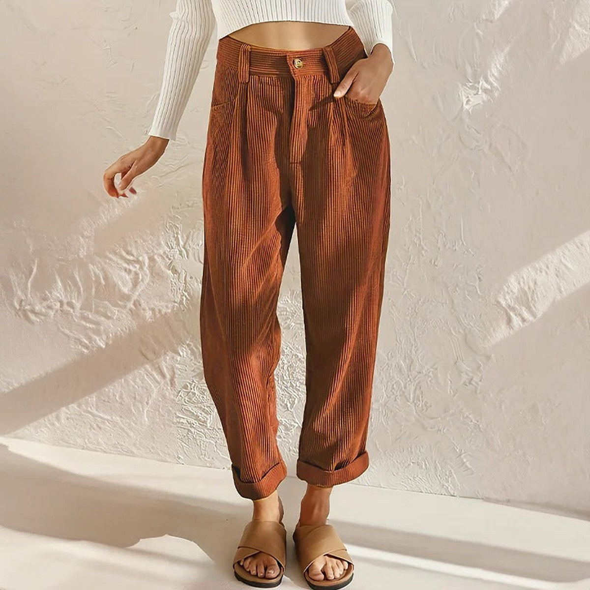 Women Loose Fit Corduroy Trousers with Elastic Drawstring Waist and Pockets