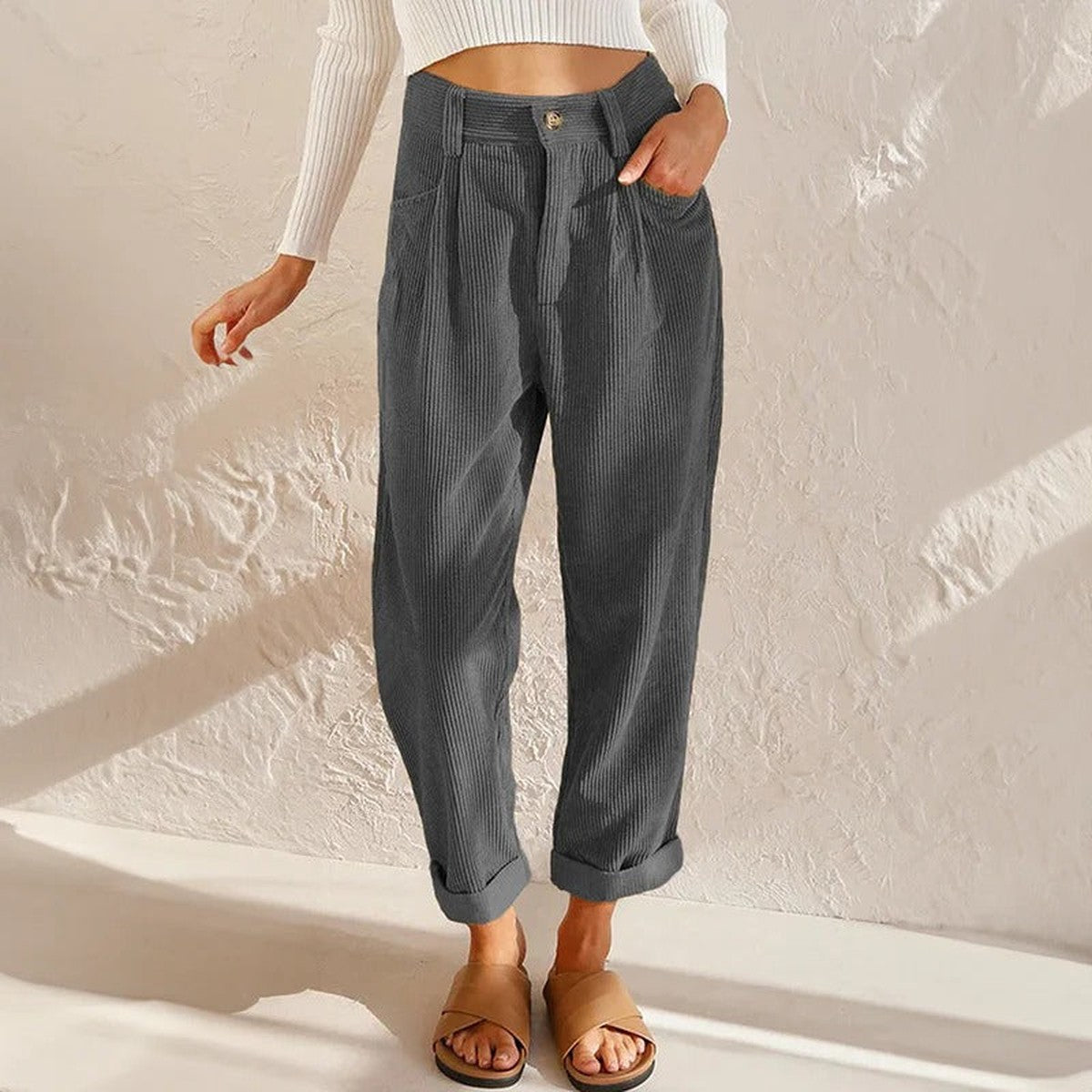 Women Loose Fit Corduroy Trousers with Elastic Drawstring Waist and Pockets