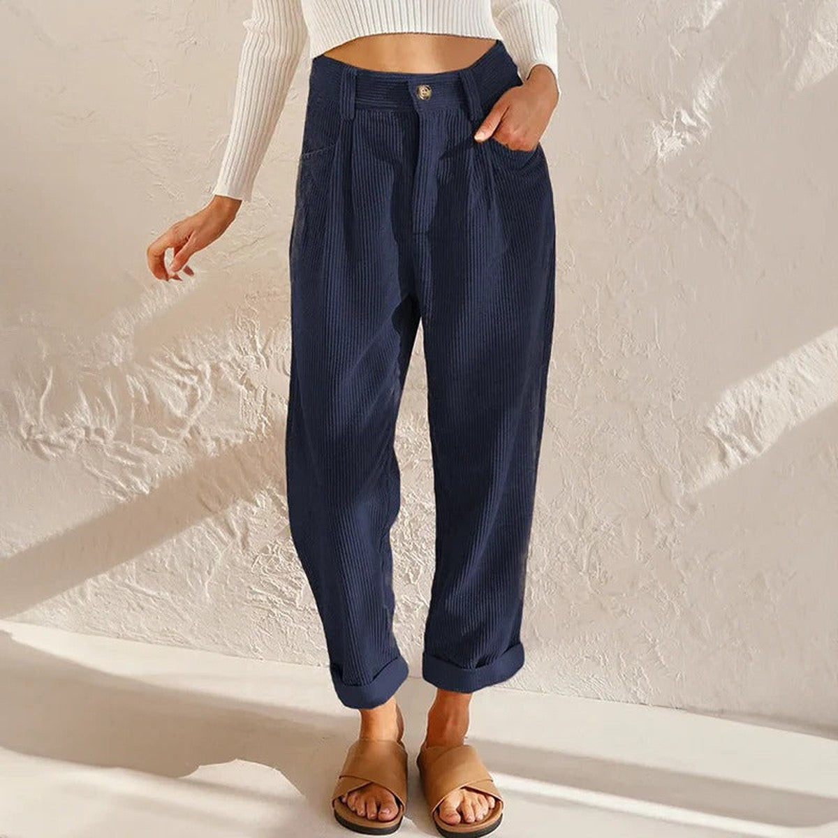 Women Loose Fit Corduroy Trousers with Elastic Drawstring Waist and Pockets