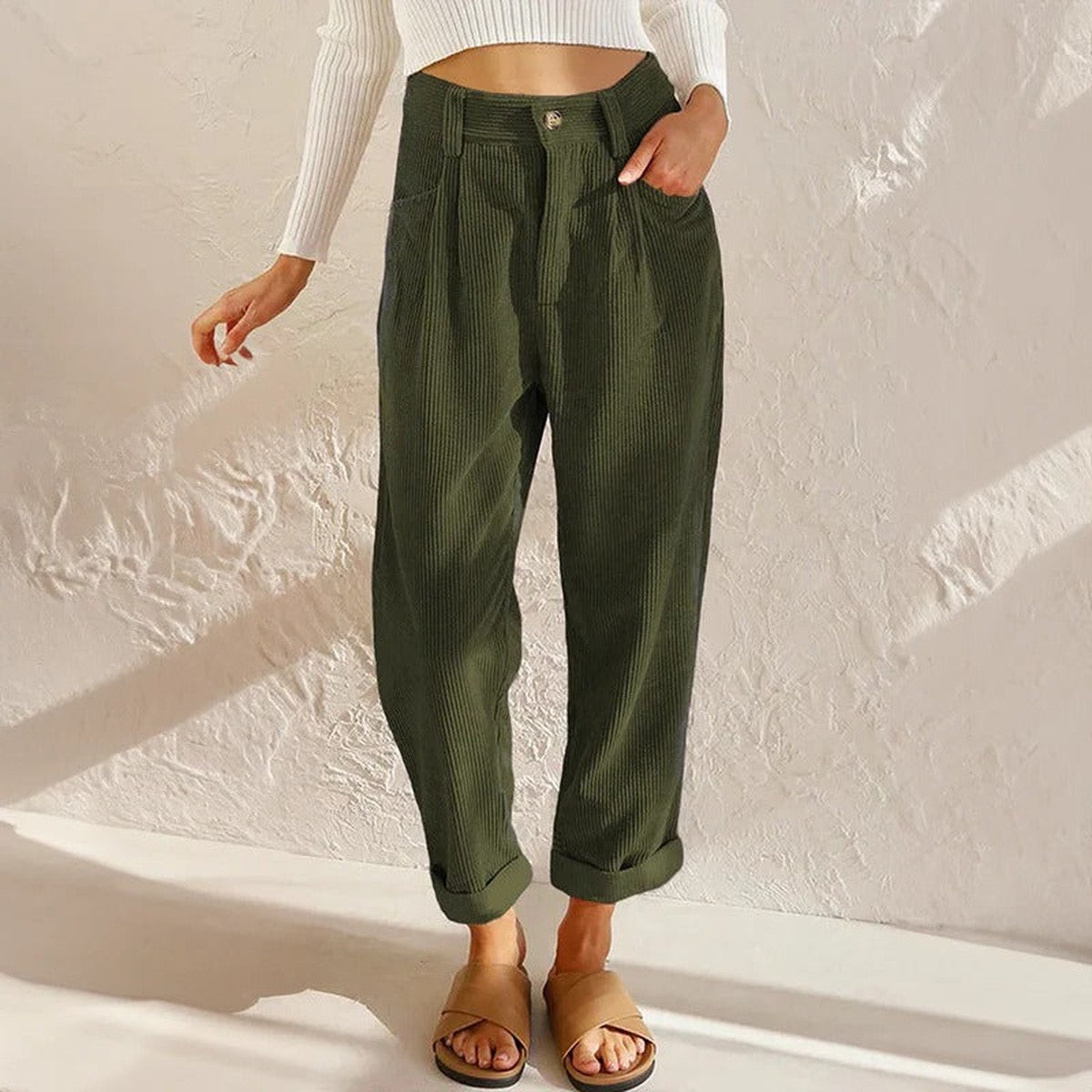 Women Loose Fit Corduroy Trousers with Elastic Drawstring Waist and Pockets