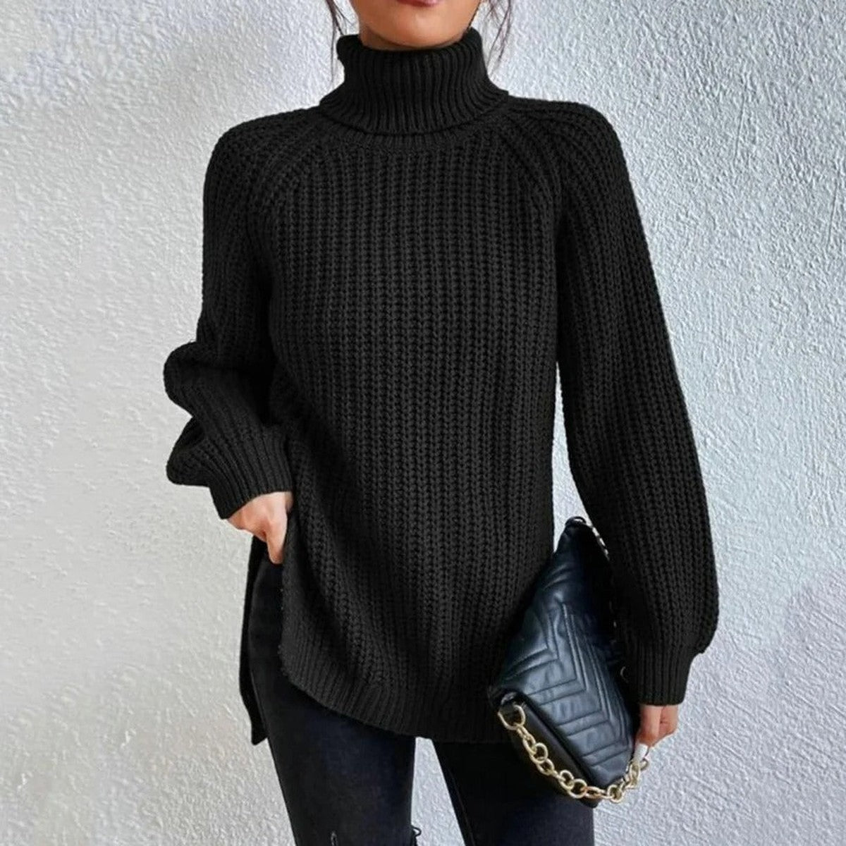 Long Sleeve Turtleneck Knit Pullover Sweater with Ribbed Texture and Classic Fit