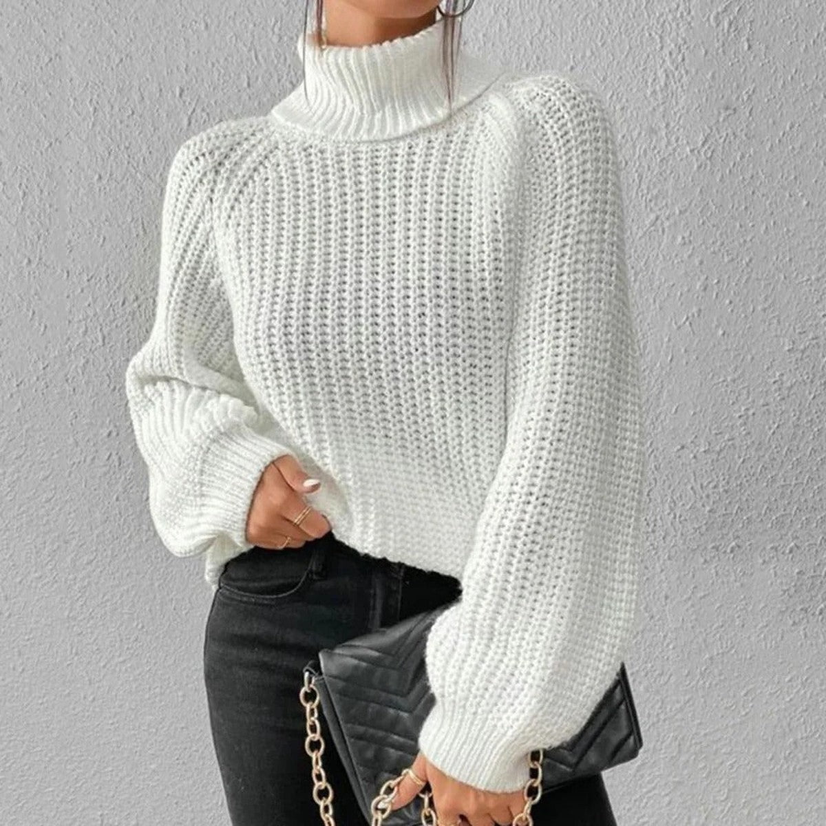 Long Sleeve Turtleneck Knit Pullover Sweater with Ribbed Texture and Classic Fit
