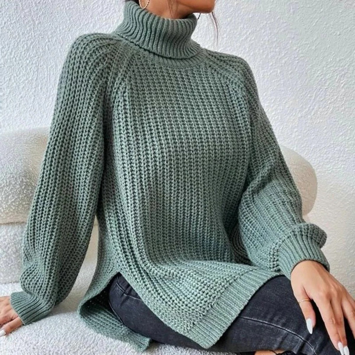 Long Sleeve Turtleneck Knit Pullover Sweater with Ribbed Texture and Classic Fit