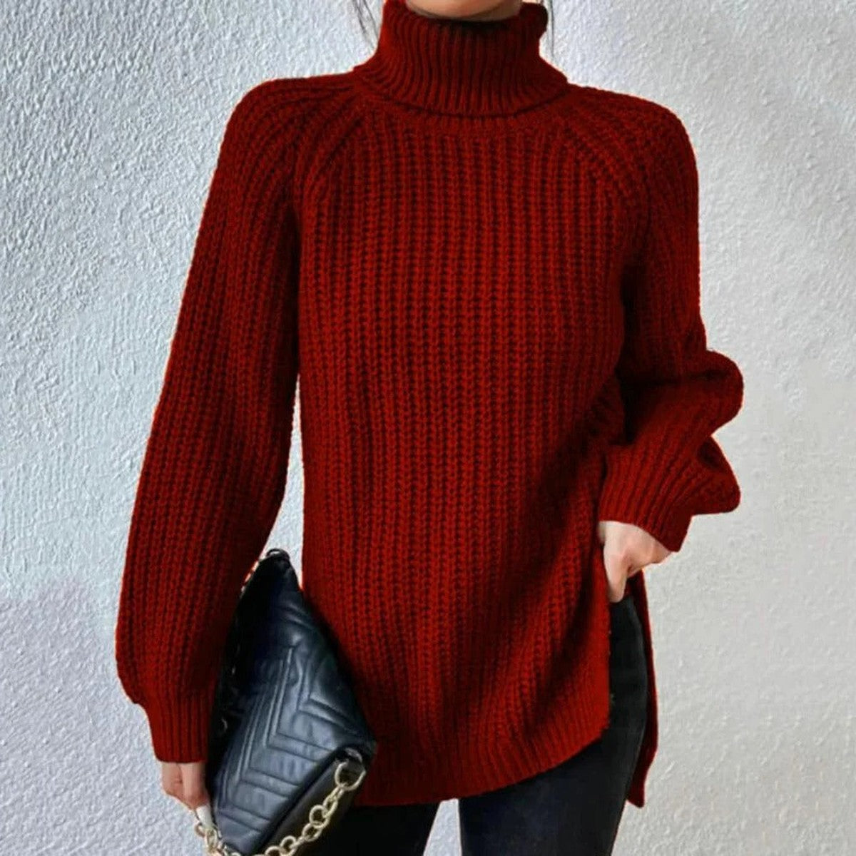 Long Sleeve Turtleneck Knit Pullover Sweater with Ribbed Texture and Classic Fit