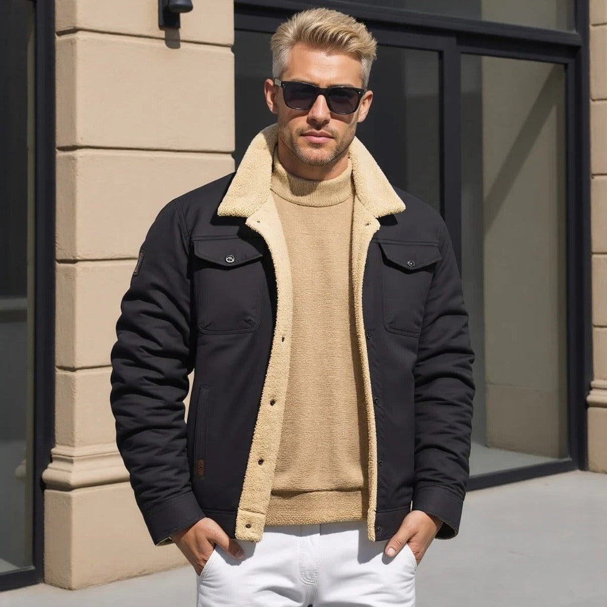 Men Lightweight Casual Bomber Jacket with Ribbed Collar and Sleeve Pocket