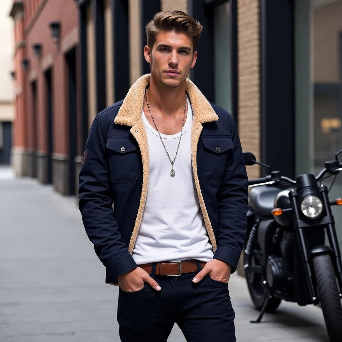 Men Lightweight Casual Bomber Jacket with Ribbed Collar and Sleeve Pocket