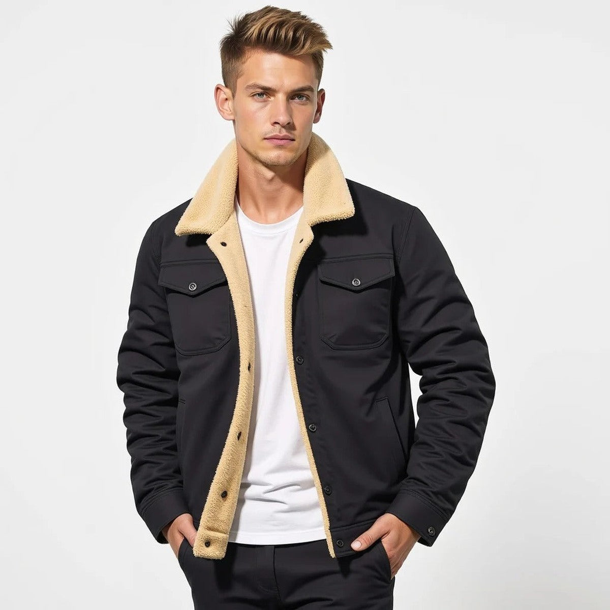 Men Lightweight Casual Bomber Jacket with Ribbed Collar and Sleeve Pocket