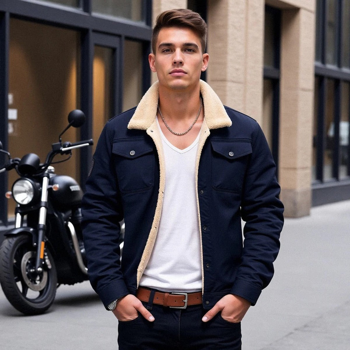 Men Lightweight Casual Bomber Jacket with Ribbed Collar and Sleeve Pocket
