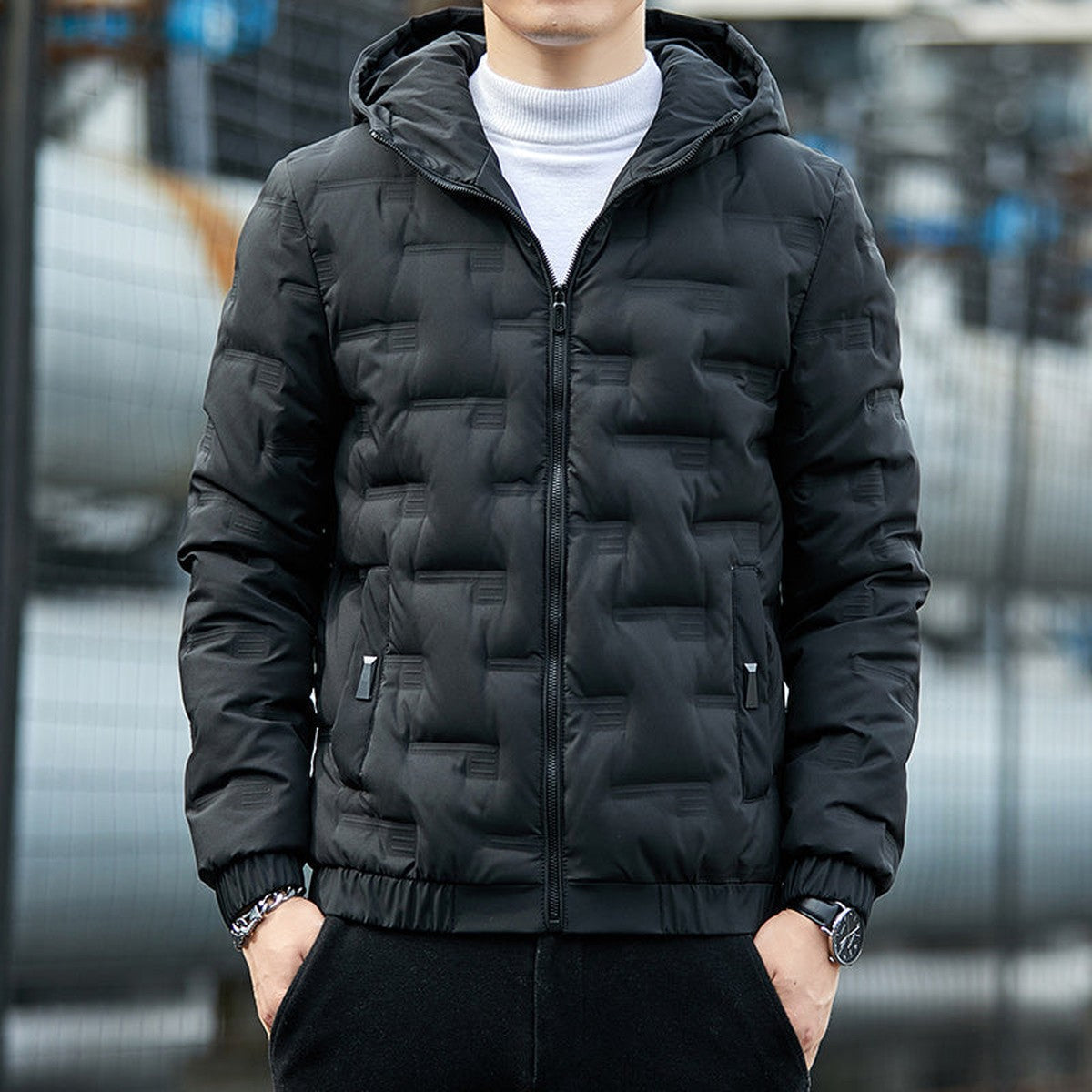 Men Lightweight Quilted Puffer Jacket with Stand Collar and Full Zip Closure