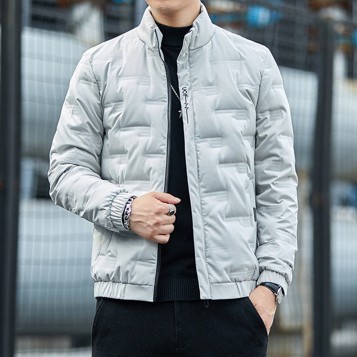 Men Lightweight Quilted Puffer Jacket with Stand Collar and Full Zip Closure