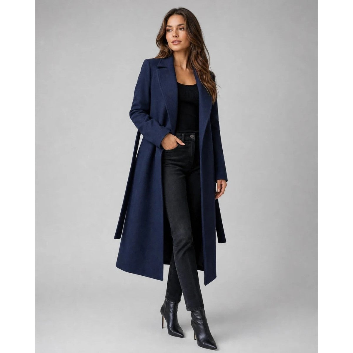 Double Breasted Long Trench Coat with Adjustable Waist Belt for Women