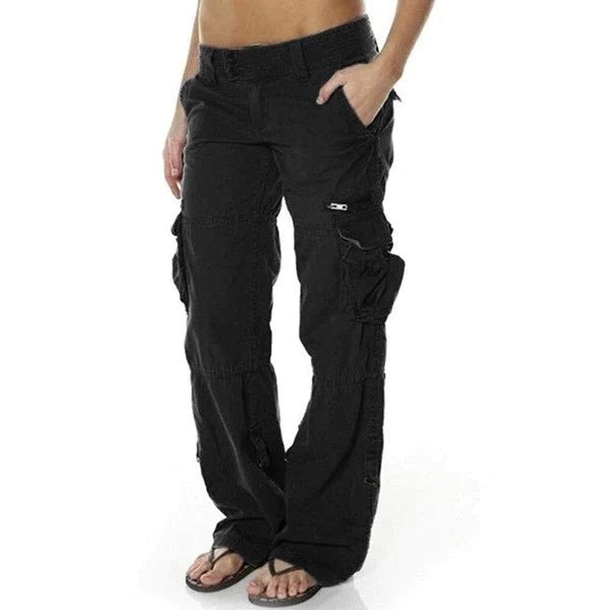 Womens Loose Fit Cargo Pants with Drawstring Waist and Flap Pockets