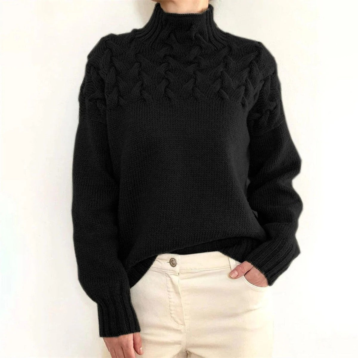Long Sleeve Knitted Turtleneck Pullover Sweater with Ribbed Trim
