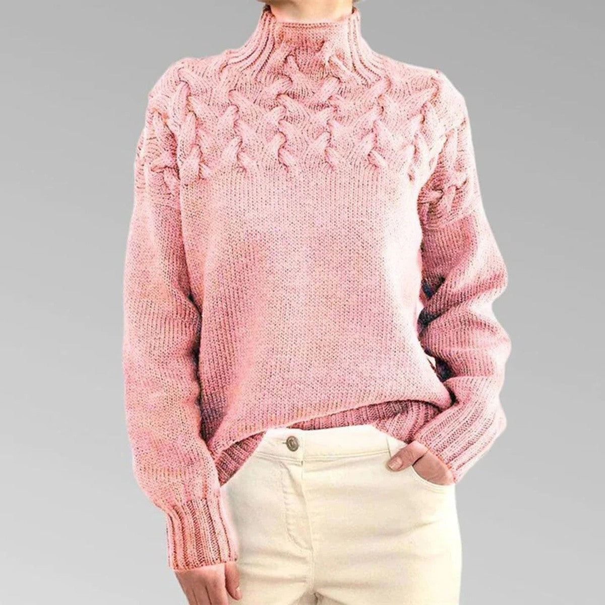 Long Sleeve Knitted Turtleneck Pullover Sweater with Ribbed Trim