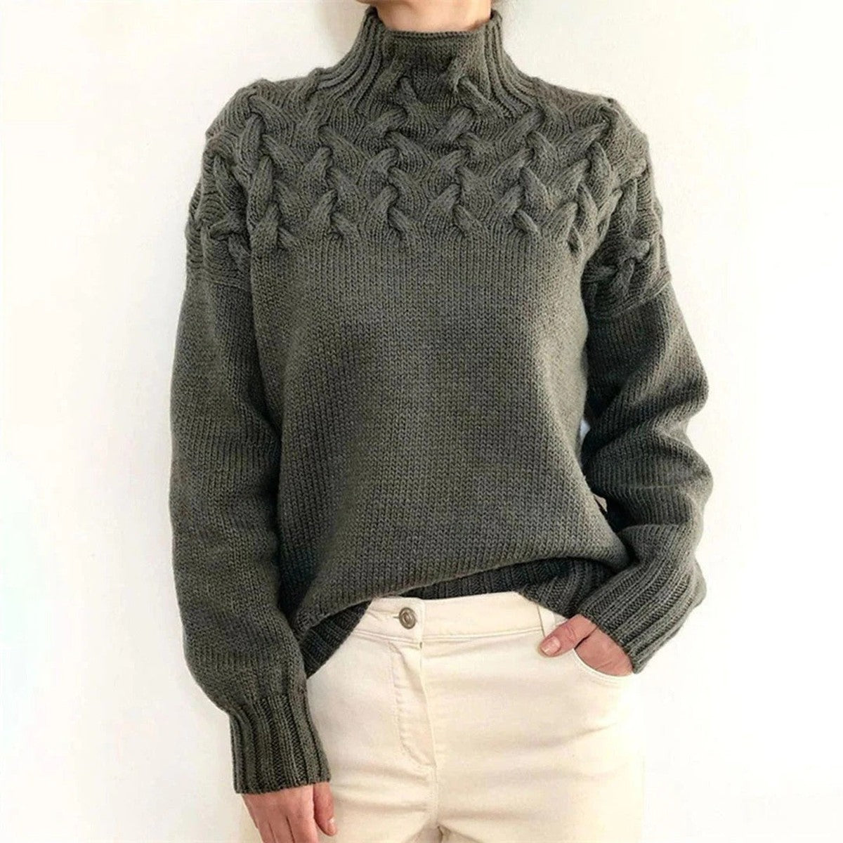 Long Sleeve Knitted Turtleneck Pullover Sweater with Ribbed Trim