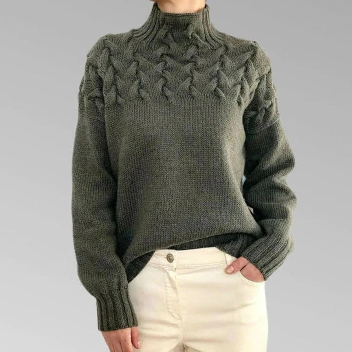 Long Sleeve Knitted Turtleneck Pullover Sweater with Ribbed Trim