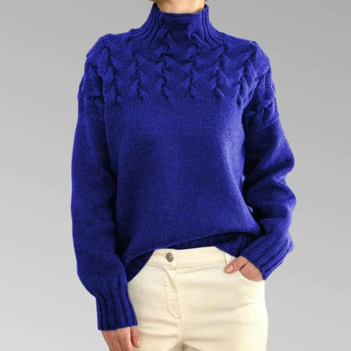 Long Sleeve Knitted Turtleneck Pullover Sweater with Ribbed Trim